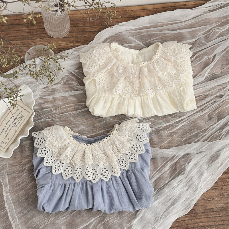 Tavaszi/őszi új babablúzok Tiszta színű csipkegallér Gyermek hosszú ujjú ingek Kislány alsó ing 0-3 éves felsőruházati felsők