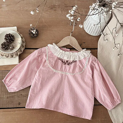 2025 m. Naujas pavasaris, 0–3 m., Vaikiški rūbai Mažylių mergaičių marškinėliai ilgomis rankovėmis medvilniniai nėriniai sujungiami kūdikių megztinis