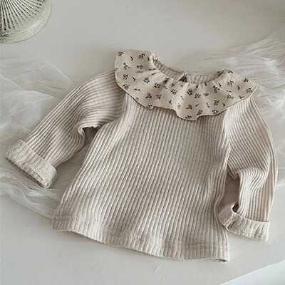 2025 m. Naujas pavasaris, 0–3 m., Vaikiški rūbai Mažylių mergaičių marškinėliai ilgomis rankovėmis medvilniniai nėriniai sujungiami kūdikių megztinis