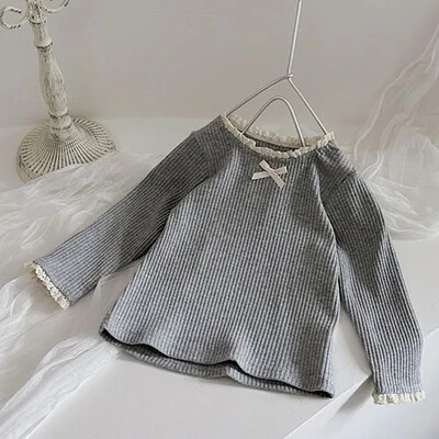 2025 m. Naujas pavasaris, 0–3 m., Vaikiški rūbai Mažylių mergaičių marškinėliai ilgomis rankovėmis medvilniniai nėriniai sujungiami kūdikių megztinis