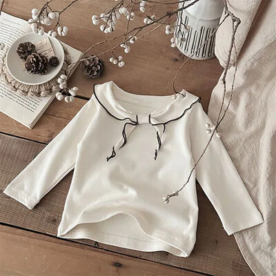 2025 m. Naujas pavasaris, 0–3 m., Vaikiški rūbai Mažylių mergaičių marškinėliai ilgomis rankovėmis medvilniniai nėriniai sujungiami kūdikių megztinis