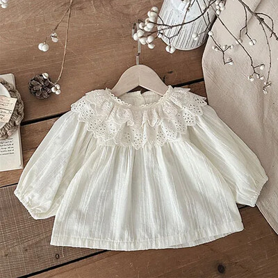 2025 m. Naujas pavasaris, 0–3 m., Vaikiški rūbai Mažylių mergaičių marškinėliai ilgomis rankovėmis medvilniniai nėriniai sujungiami kūdikių megztinis