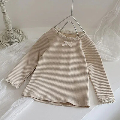 2025 m. Naujas pavasaris, 0–3 m., Vaikiški rūbai Mažylių mergaičių marškinėliai ilgomis rankovėmis medvilniniai nėriniai sujungiami kūdikių megztinis