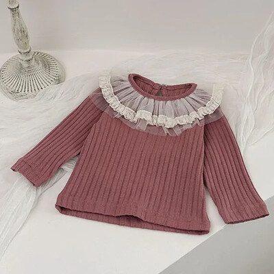 2025 m. Naujas pavasaris, 0–3 m., Vaikiški rūbai Mažylių mergaičių marškinėliai ilgomis rankovėmis medvilniniai nėriniai sujungiami kūdikių megztinis