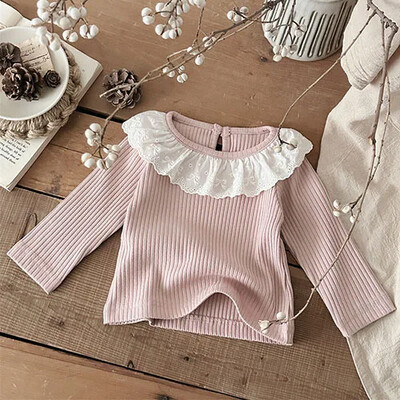 2025 m. Naujas pavasaris, 0–3 m., Vaikiški rūbai Mažylių mergaičių marškinėliai ilgomis rankovėmis medvilniniai nėriniai sujungiami kūdikių megztinis