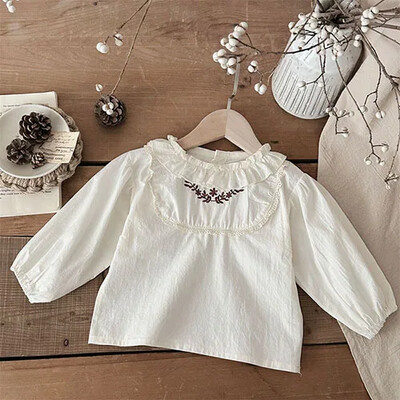 2025 m. Naujas pavasaris, 0–3 m., Vaikiški rūbai Mažylių mergaičių marškinėliai ilgomis rankovėmis medvilniniai nėriniai sujungiami kūdikių megztinis