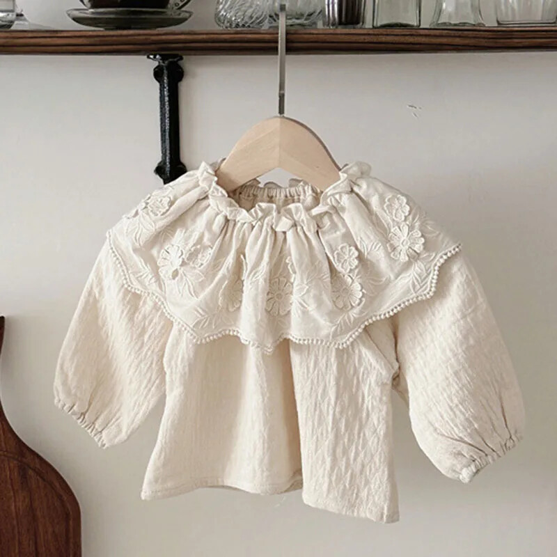 2025 m. Naujas pavasaris, 0–3 m., Vaikiški rūbai Mažylių mergaičių marškinėliai ilgomis rankovėmis medvilniniai nėriniai sujungiami kūdikių megztinis