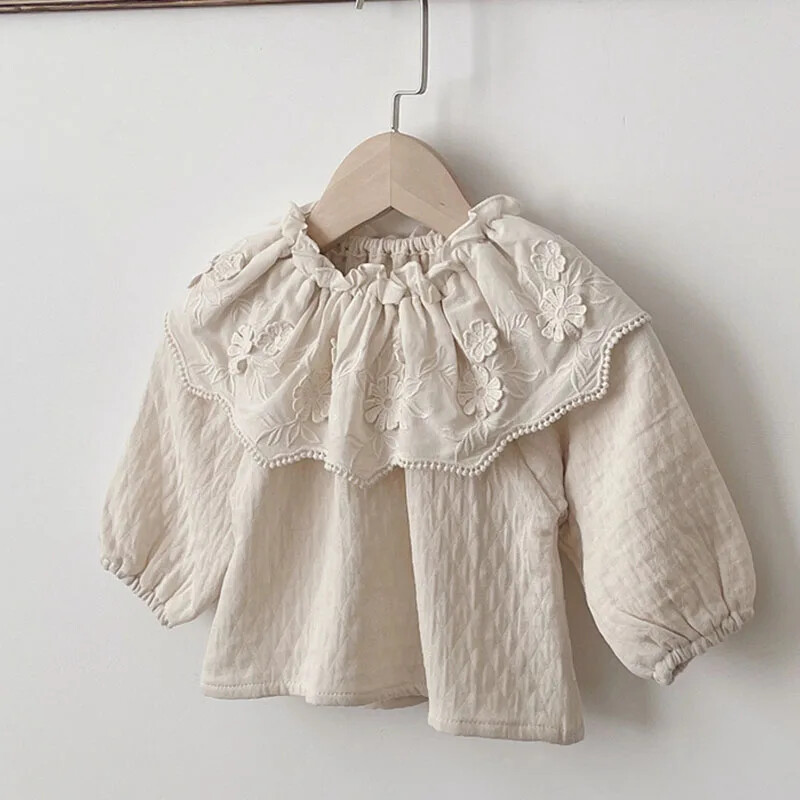 2025 m. Naujas pavasaris, 0–3 m., Vaikiški rūbai Mažylių mergaičių marškinėliai ilgomis rankovėmis medvilniniai nėriniai sujungiami kūdikių megztinis