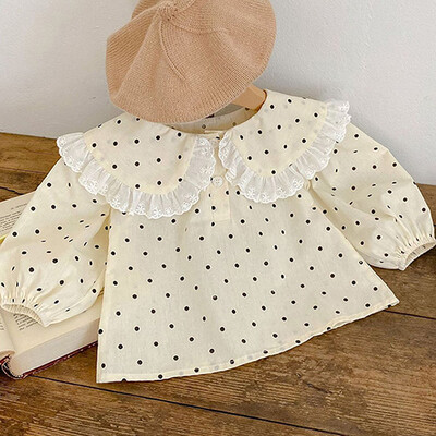 2024. gada jaunā pavasara korejiešu stila t-krekls ar garām piedurknēm, kokvilnas punktveida apdrukas krekls Jaundzimušo meiteņu puloveriem