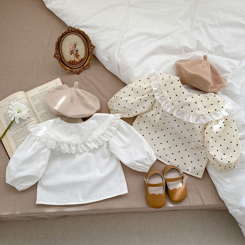 2024. gada jaunā pavasara korejiešu stila t-krekls ar garām piedurknēm, kokvilnas punktveida apdrukas krekls Jaundzimušo meiteņu puloveriem