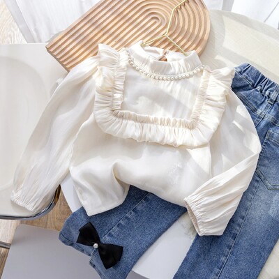 Stílusos koreai változatú baba felső ing lányoknak, 2024 tavaszi ősz, újdonság, hímzett, friss virágmintás laza szabás