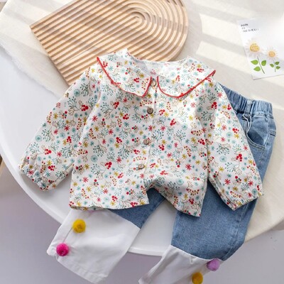 Stílusos koreai változatú baba felső ing lányoknak, 2024 tavaszi ősz, újdonság, hímzett, friss virágmintás laza szabás