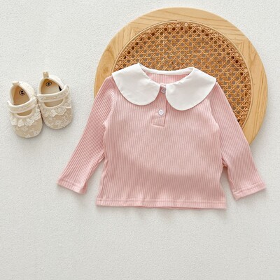 Őszi újszülött csecsemő kisfiú lányok hajtóka póló Elasztikus Force Doll gallér hosszú ujjú alsóing divat babaruha