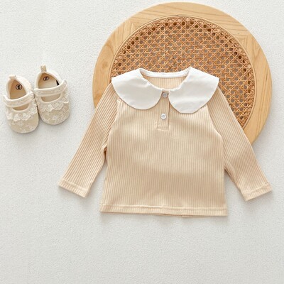 Őszi újszülött csecsemő kisfiú lányok hajtóka póló Elasztikus Force Doll gallér hosszú ujjú alsóing divat babaruha