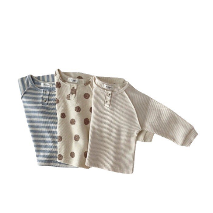 Rudens jauns zīdaiņu T krekli ar garām piedurknēm Zēns Meitene Svītrains krekls zīdaiņiem Toddler Daudzpusīgi ikdienišķa pulovera vafeļu punktveida topi