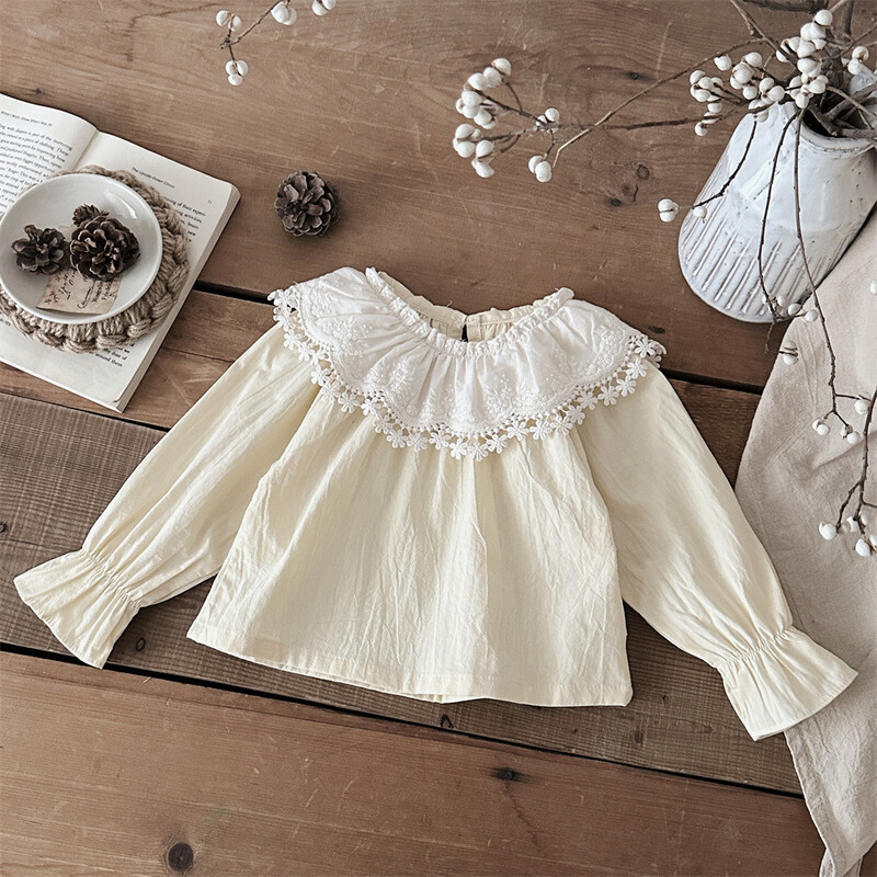 2025 m. pavasaris, nauja, nėriniuota apykakle mergaitėms ilgomis rankovėmis, masyvi kūdikių, mielų princesių marškinėliai, mažylių drabužiai