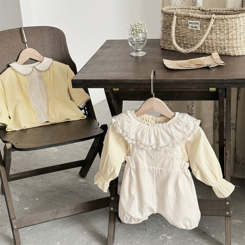 2025 m. pavasaris, nauja, nėriniuota apykakle mergaitėms ilgomis rankovėmis, masyvi kūdikių, mielų princesių marškinėliai, mažylių drabužiai