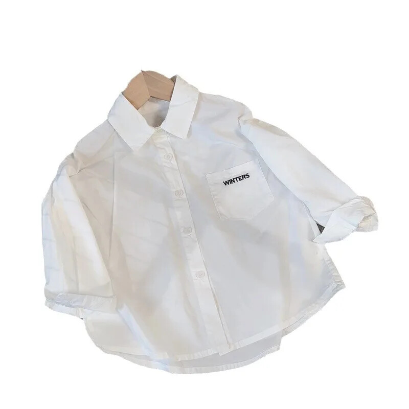 Bērnu balts krekls ar garām piedurknēm Stilīgs, vienkāršs bērnu tops 2024. gada pavasarim un rudenim, moderns jauna stila burtu tops