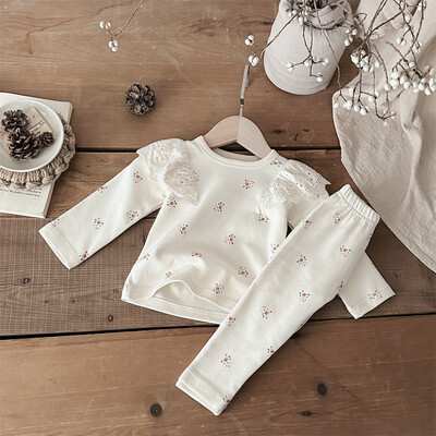 MILANCEL pavasario pižamos rinkinys kūdikiams mergaitėms su gėlėmis nėriniais skraidančiomis rankovėmis + kelnės 2 vnt.