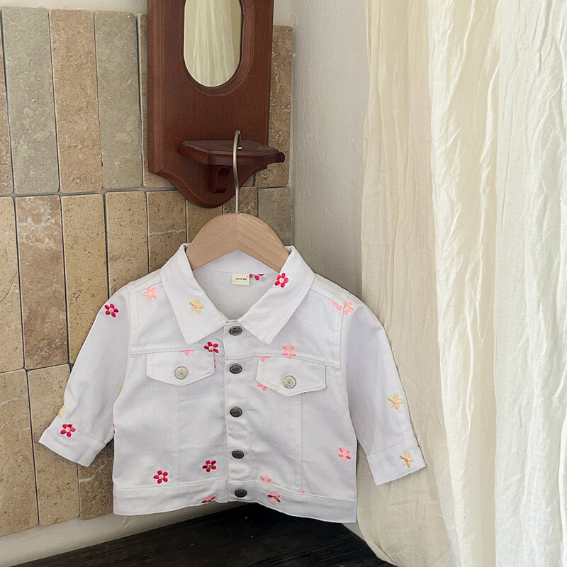 2025 tavaszi őszi kislány ruhák farmer dzsekik kabát lány csecsemő felső divat virág hímzés felsőruházat pamut fehér kabát