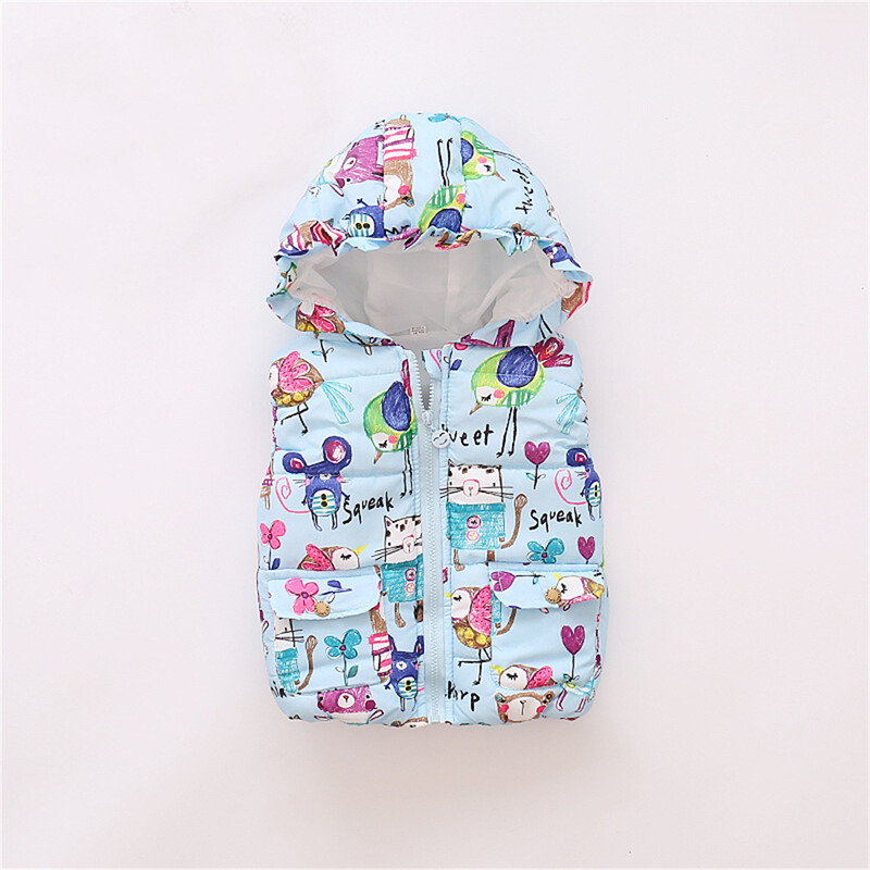 Ziemas bērnu mētelis bez piedurknēm Bērnu multfilmu apdruka ar kapuci ar rāvējslēdzēju, pildīta kokvilnas veste Bērni, dodoties ārā, valkā siltu apģērbu