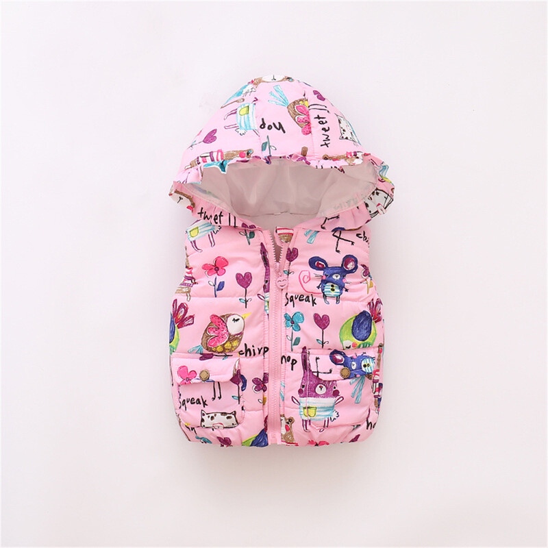 Ziemas bērnu mētelis bez piedurknēm Bērnu multfilmu apdruka ar kapuci ar rāvējslēdzēju, pildīta kokvilnas veste Bērni, dodoties ārā, valkā siltu apģērbu