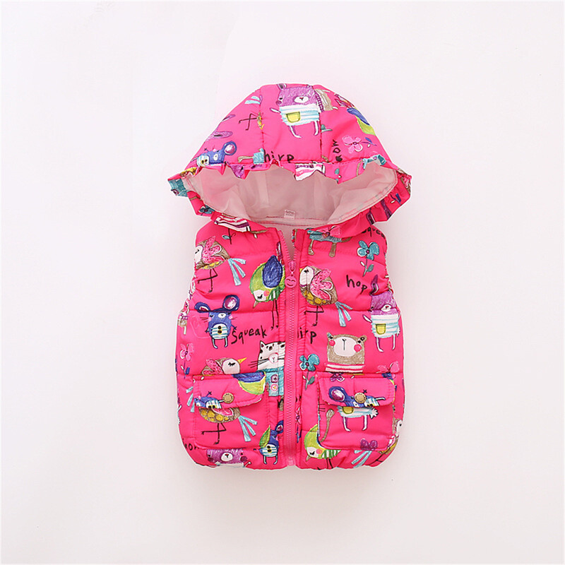 Ziemas bērnu mētelis bez piedurknēm Bērnu multfilmu apdruka ar kapuci ar rāvējslēdzēju, pildīta kokvilnas veste Bērni, dodoties ārā, valkā siltu apģērbu