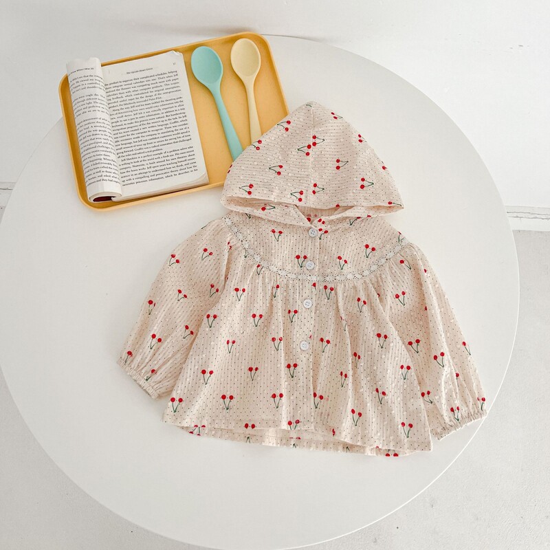 Καλοκαιρινό νεογέννητο βρέφος κοριτσάκια Λεπτά ενδύματα προστασίας από τον ήλιο Cherry Printing Hooded Coat Ventilate Jacket Παιδικά ρούχα για μωρά