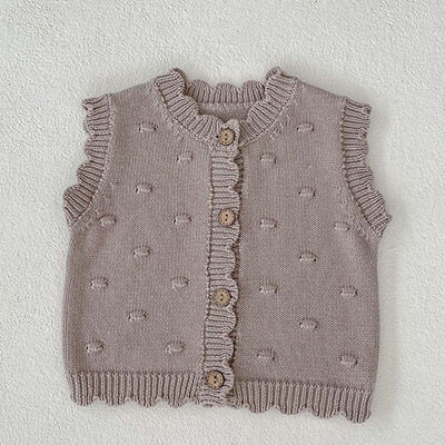 Korejiešu stila zīdaiņu meiteņu adīšanas jaciņa džemperis bez piedurknēm V veida kakla vienkrāsains rudens jaundzimušo meiteņu adīšanas veste