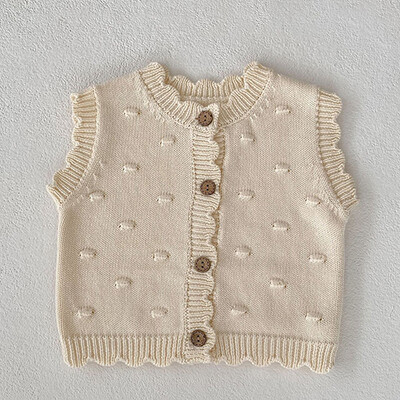 Korejiešu stila zīdaiņu meiteņu adīšanas jaciņa džemperis bez piedurknēm V veida kakla vienkrāsains rudens jaundzimušo meiteņu adīšanas veste