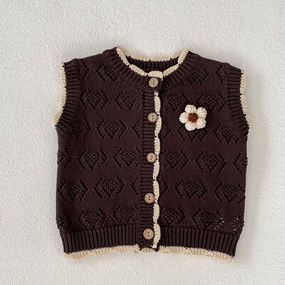 Korejiešu stila zīdaiņu meiteņu adīšanas jaciņa džemperis bez piedurknēm V veida kakla vienkrāsains rudens jaundzimušo meiteņu adīšanas veste