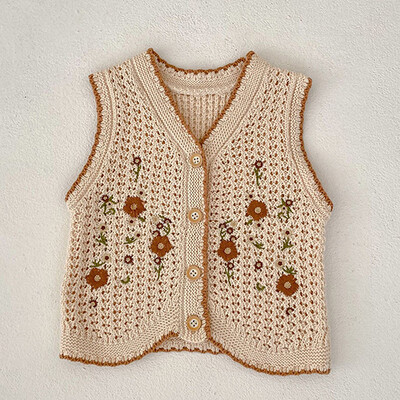 Korejiešu stila zīdaiņu meiteņu adīšanas jaciņa džemperis bez piedurknēm V veida kakla vienkrāsains rudens jaundzimušo meiteņu adīšanas veste