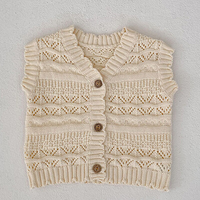 Korejiešu stila zīdaiņu meiteņu adīšanas jaciņa džemperis bez piedurknēm V veida kakla vienkrāsains rudens jaundzimušo meiteņu adīšanas veste