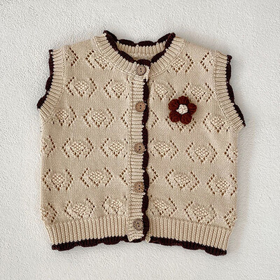 Korejiešu stila zīdaiņu meiteņu adīšanas jaciņa džemperis bez piedurknēm V veida kakla vienkrāsains rudens jaundzimušo meiteņu adīšanas veste