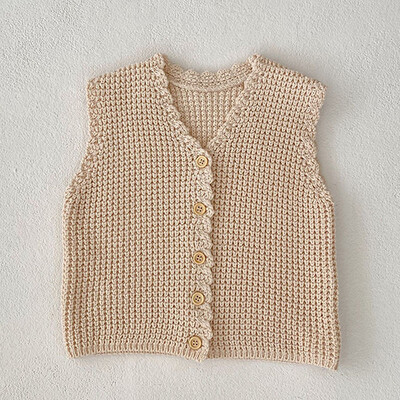 Korejiešu stila zīdaiņu meiteņu adīšanas jaciņa džemperis bez piedurknēm V veida kakla vienkrāsains rudens jaundzimušo meiteņu adīšanas veste