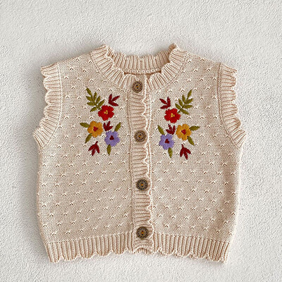 Korejiešu stila zīdaiņu meiteņu adīšanas jaciņa džemperis bez piedurknēm V veida kakla vienkrāsains rudens jaundzimušo meiteņu adīšanas veste