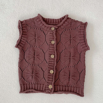 Korejiešu stila zīdaiņu meiteņu adīšanas jaciņa džemperis bez piedurknēm V veida kakla vienkrāsains rudens jaundzimušo meiteņu adīšanas veste