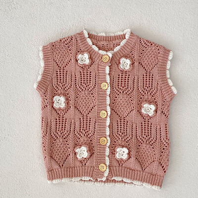 Korejiešu stila zīdaiņu meiteņu adīšanas jaciņa džemperis bez piedurknēm V veida kakla vienkrāsains rudens jaundzimušo meiteņu adīšanas veste