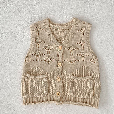 Korejiešu stila zīdaiņu meiteņu adīšanas jaciņa džemperis bez piedurknēm V veida kakla vienkrāsains rudens jaundzimušo meiteņu adīšanas veste