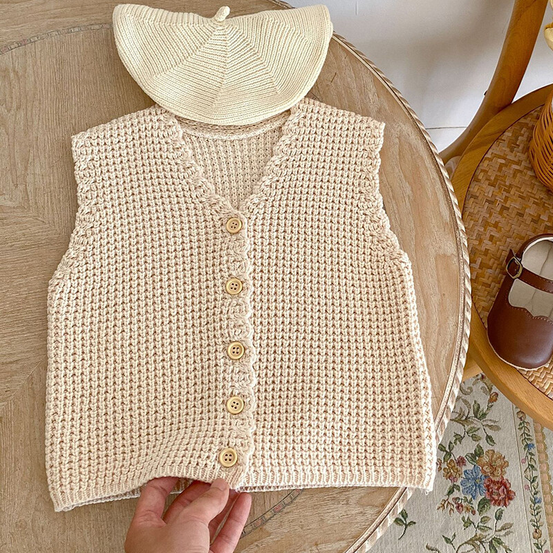 Korejiešu stila zīdaiņu meiteņu adīšanas jaciņa džemperis bez piedurknēm V veida kakla vienkrāsains rudens jaundzimušo meiteņu adīšanas veste