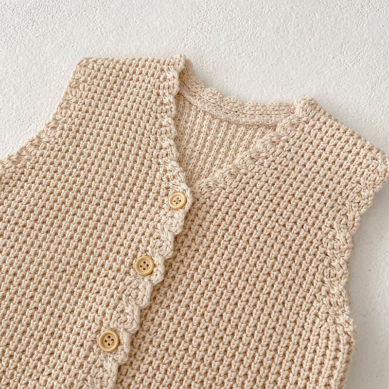 Korejiešu stila zīdaiņu meiteņu adīšanas jaciņa džemperis bez piedurknēm V veida kakla vienkrāsains rudens jaundzimušo meiteņu adīšanas veste