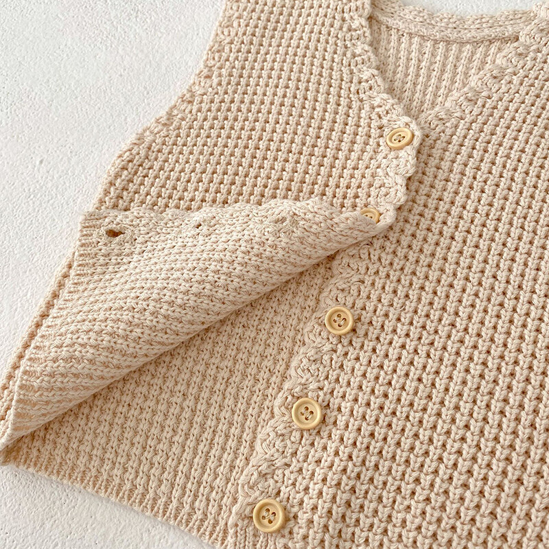 Korejiešu stila zīdaiņu meiteņu adīšanas jaciņa džemperis bez piedurknēm V veida kakla vienkrāsains rudens jaundzimušo meiteņu adīšanas veste