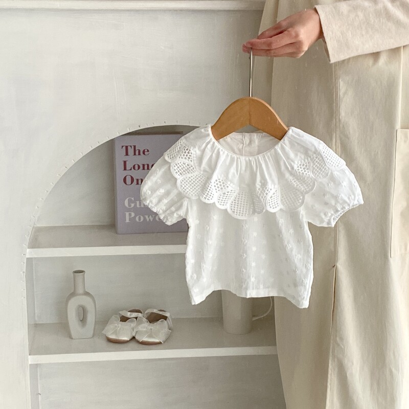 Summer Baby Girl Baby Trend Sweet Viss Vienkrāsains Liels Mežģīņu apkakles Izšuvums Mazs Zieds Burbulis Īsām Piedurknēm Blūzes Pamatne