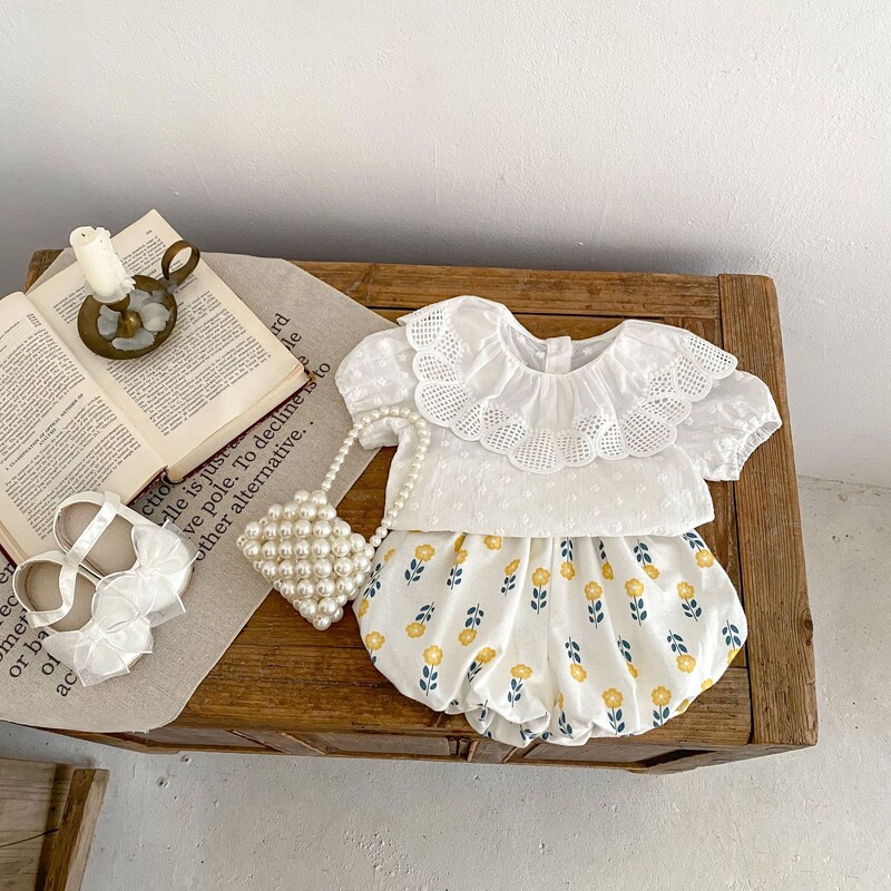 Summer Baby Girl Baby Trend Sweet Viss Vienkrāsains Liels Mežģīņu apkakles Izšuvums Mazs Zieds Burbulis Īsām Piedurknēm Blūzes Pamatne