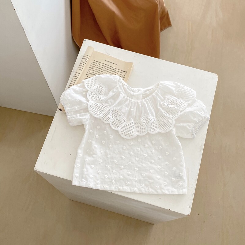 Summer Baby Girl Baby Trend Sweet Viss Vienkrāsains Liels Mežģīņu apkakles Izšuvums Mazs Zieds Burbulis Īsām Piedurknēm Blūzes Pamatne