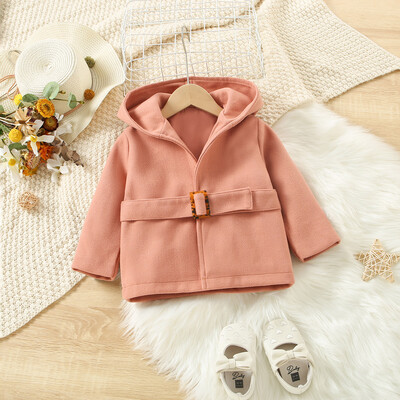 Rudens un ziemas jauns meiteņu mētelis vilnas mētelis ar kapuci augšējā josta ar garām piedurknēm vienkrāsains meiteņu mētelis bērnu apģērbs