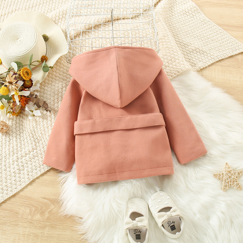 Rudens un ziemas jauns meiteņu mētelis vilnas mētelis ar kapuci augšējā josta ar garām piedurknēm vienkrāsains meiteņu mētelis bērnu apģērbs