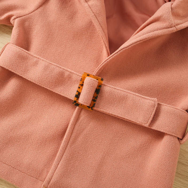 Rudens un ziemas jauns meiteņu mētelis vilnas mētelis ar kapuci augšējā josta ar garām piedurknēm vienkrāsains meiteņu mētelis bērnu apģērbs