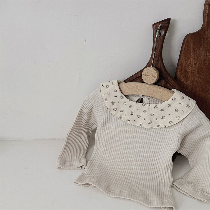 2025 Φθινόπωρο καινούργιο μακρυμάνικο πουκάμισο για βρέφος κοριτσάκι με λουλουδάτο γιακά μπλούζα νήπιο βαμβακερό μπλουζάκι μωρό με πάτο παιδικά ρούχα