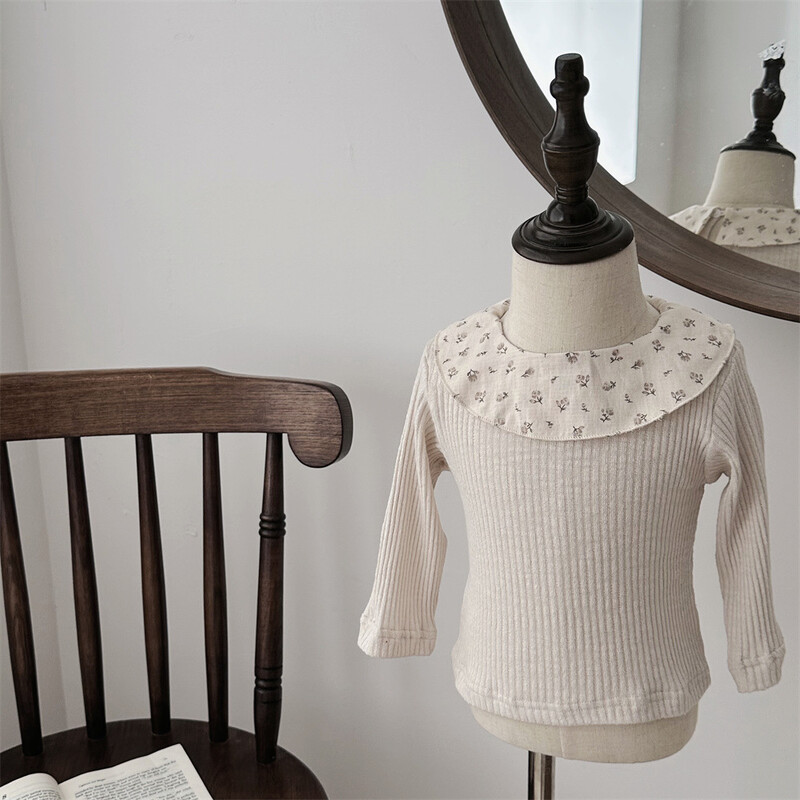 2025 Φθινόπωρο καινούργιο μακρυμάνικο πουκάμισο για βρέφος κοριτσάκι με λουλουδάτο γιακά μπλούζα νήπιο βαμβακερό μπλουζάκι μωρό με πάτο παιδικά ρούχα